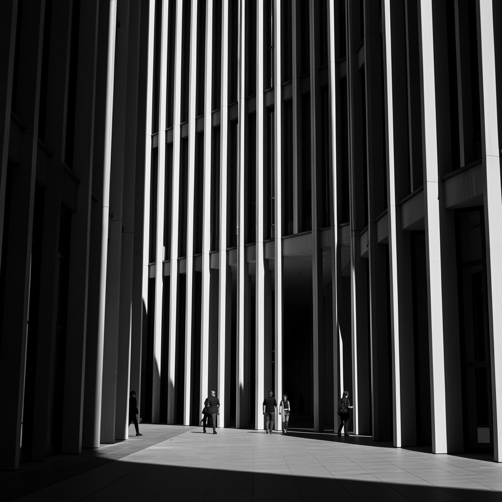 Fațadă monocromă de clădire modernistă cu lamele verticale, lumină laterală dură și umbre adânci