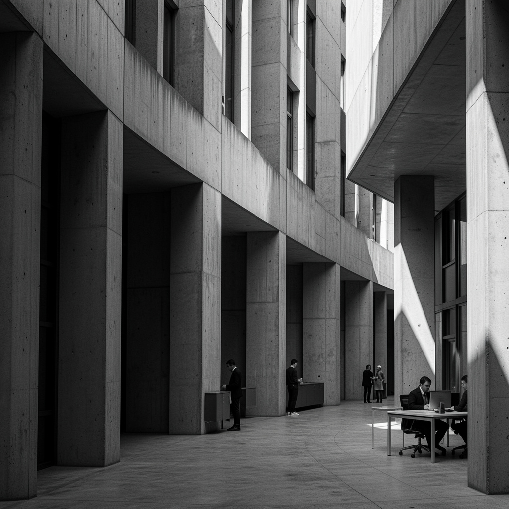 Concrete facade of a modernist building in harsh sidelight, with monochrome geometry