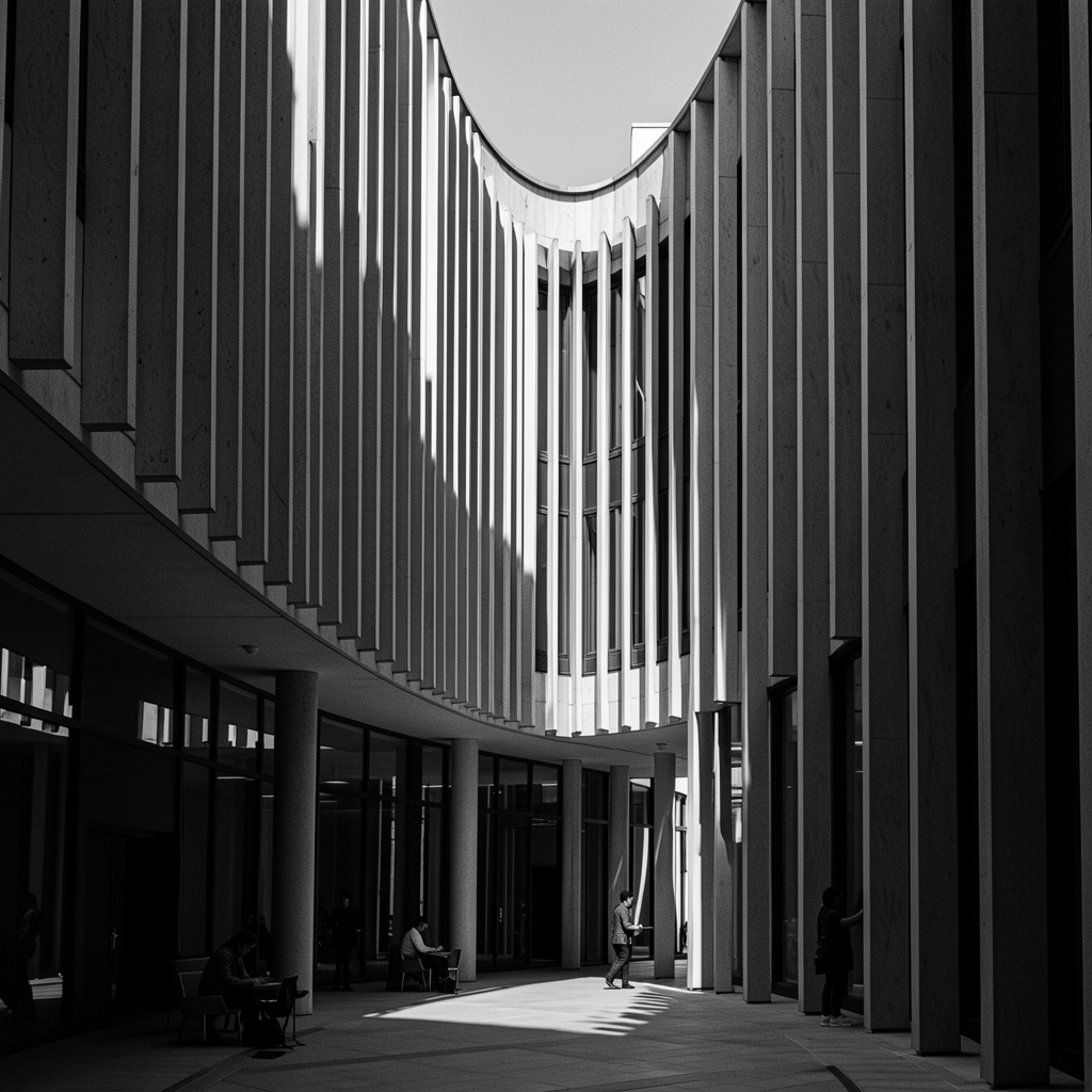 Fațadă curbată de clădire modernistă cu lamele verticale, lumină laterală dură și umbre adânci