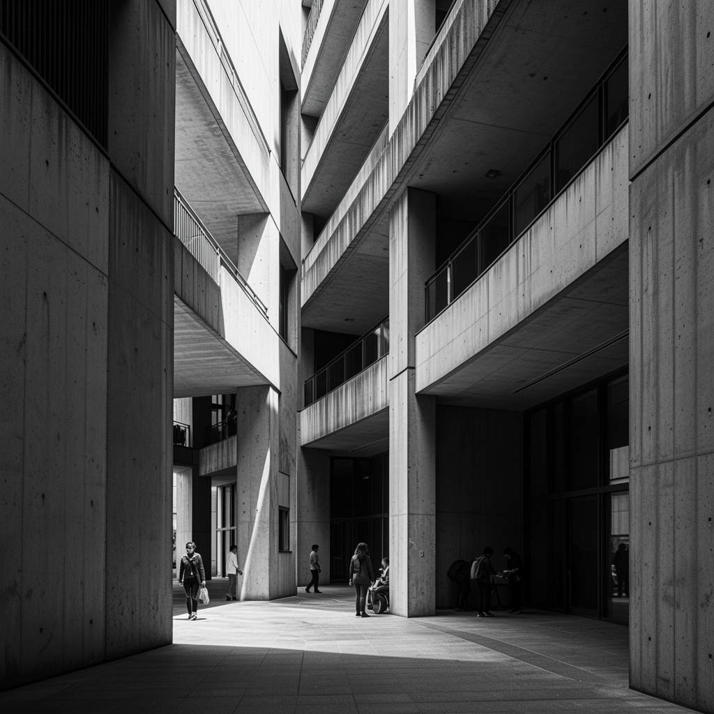 Fațadă din beton a unei clădiri moderniste în lumină laterală dură, geometrie monocromă
