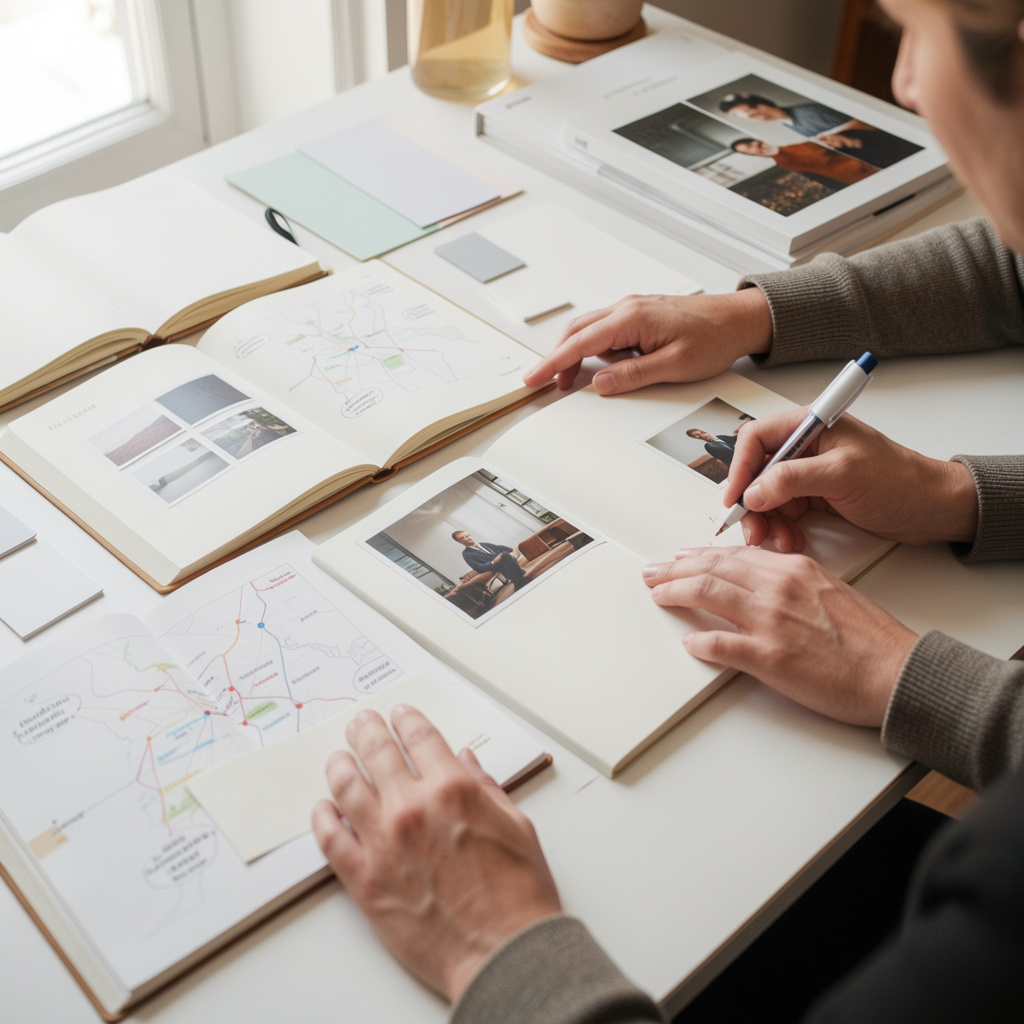 Hands arranging photographs and visual references on a bright worktable