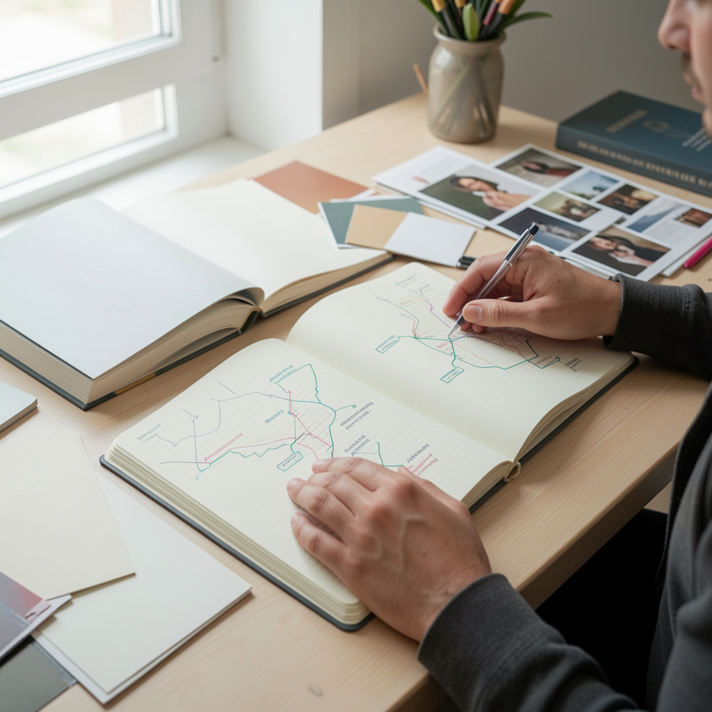 Open notebook with notes on a bright worktable, in natural side light