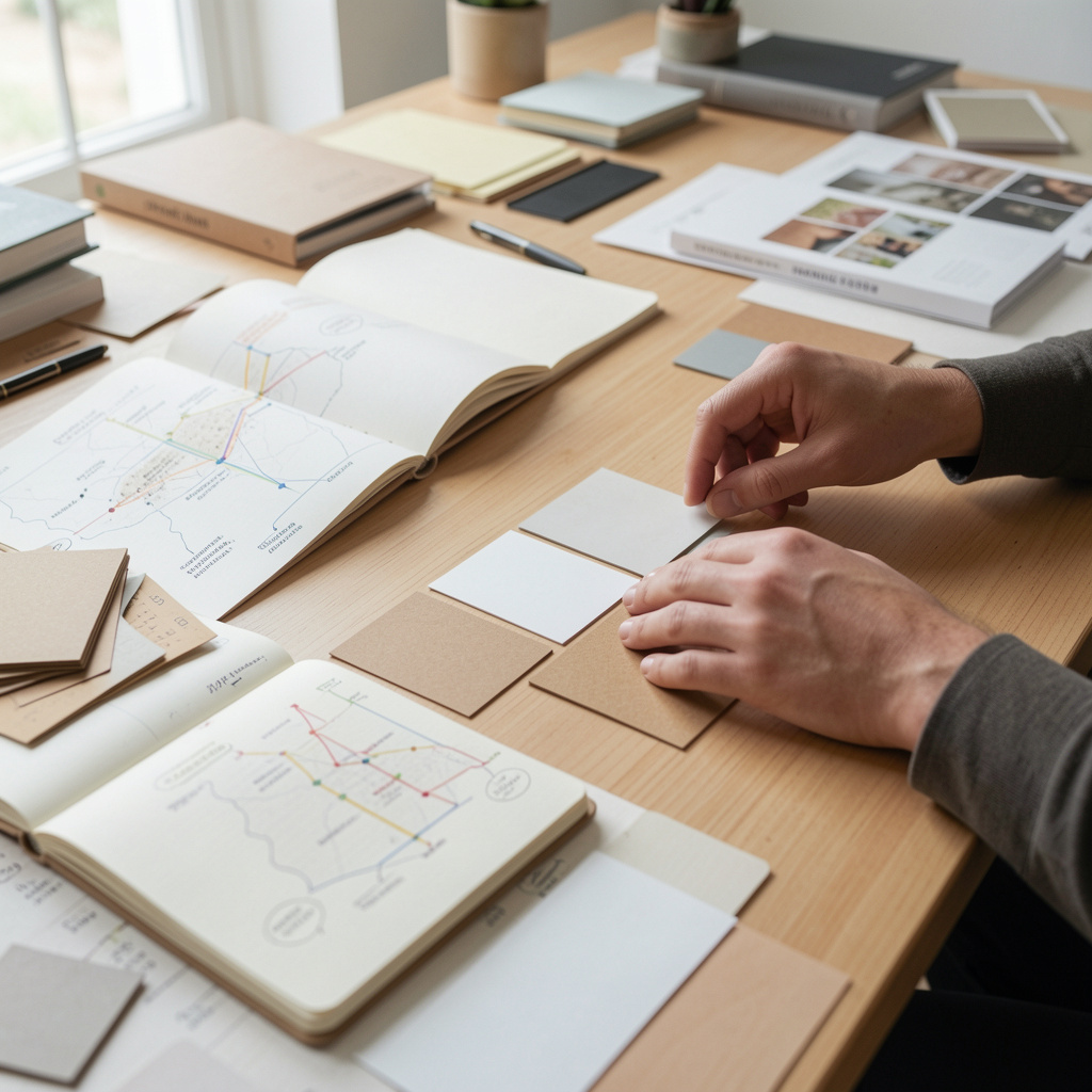 Detaliu cu mâini care aranjează cartonașe cu idei pe o masă de atelier