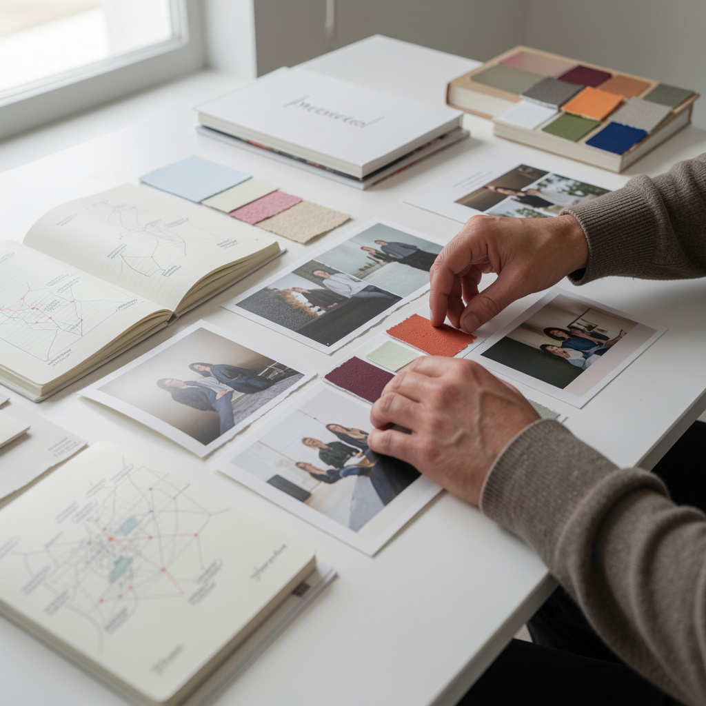Tactile detail of a mood board, photographs and magazine pages in a calm studio