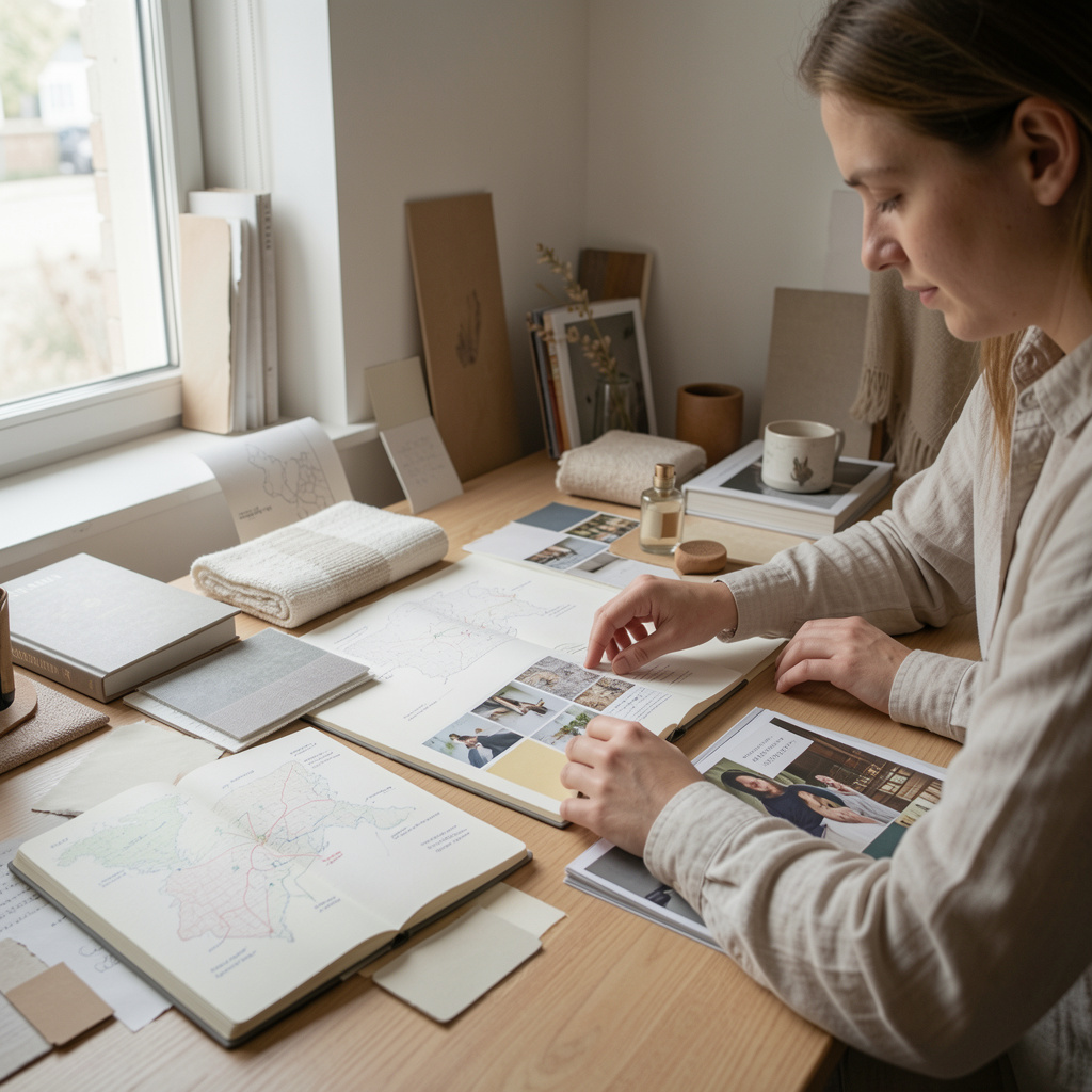Colț de studio calm cu moodboard din hârtie, textile și reviste în lumină laterală