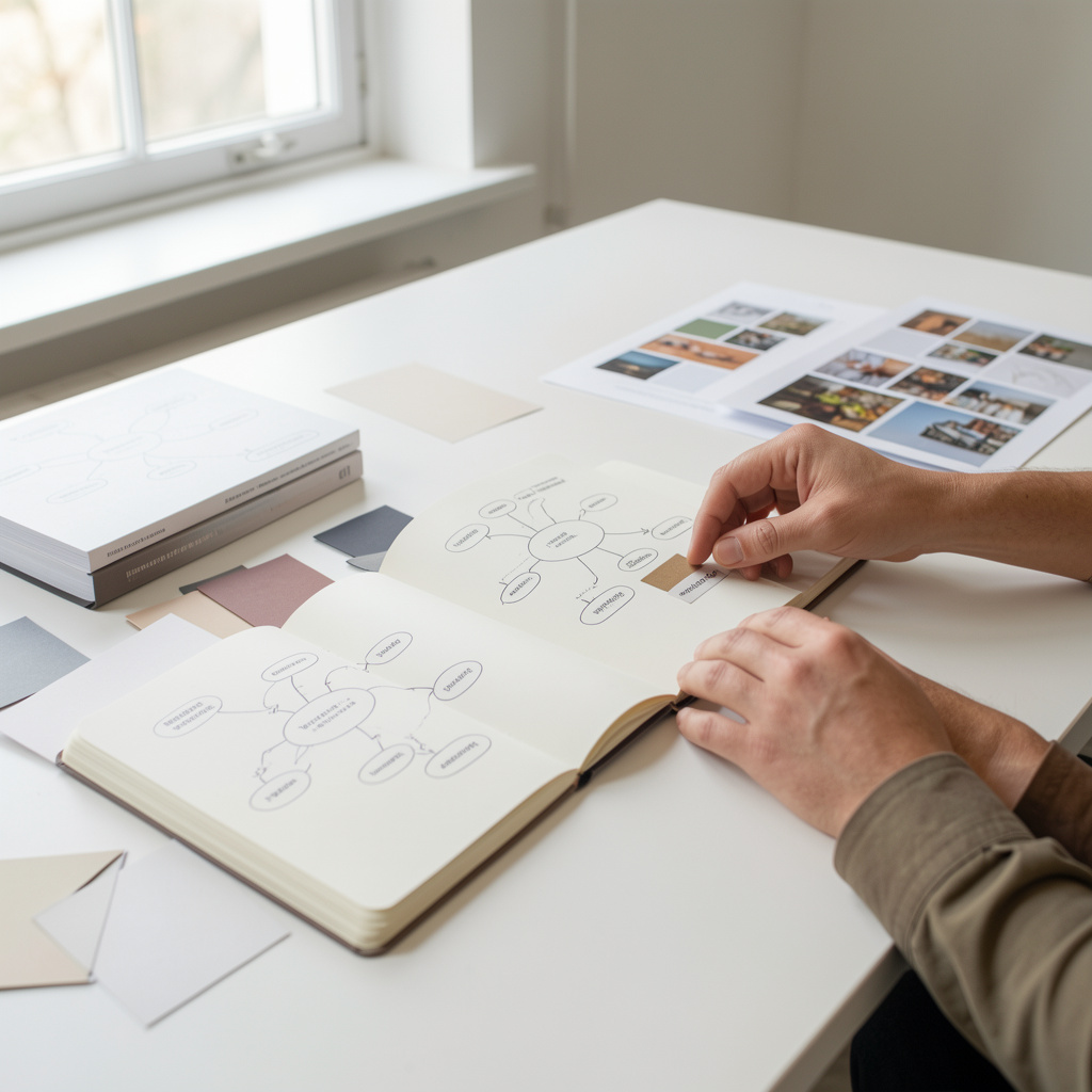 Hands arranging open notebooks and paper samples on a bright worktable, with natural side light