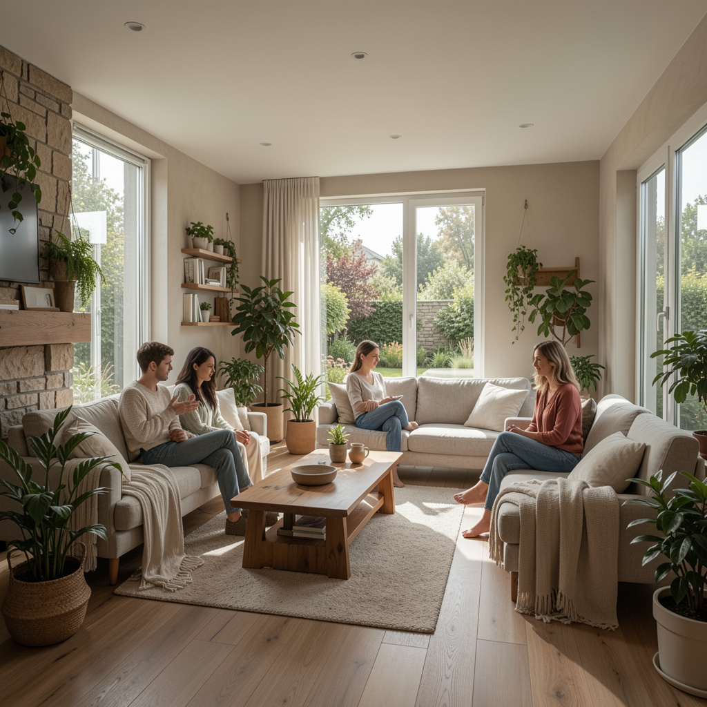 Interior calm de locuință scăldat în lumină naturală direcțională, cu texturi de lemn, piatră și in