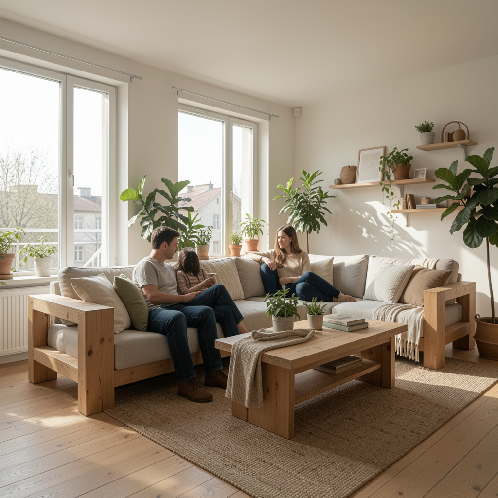 Interior de apartament luminos cu canapea din in, lemn deschis și lumină de dimineață