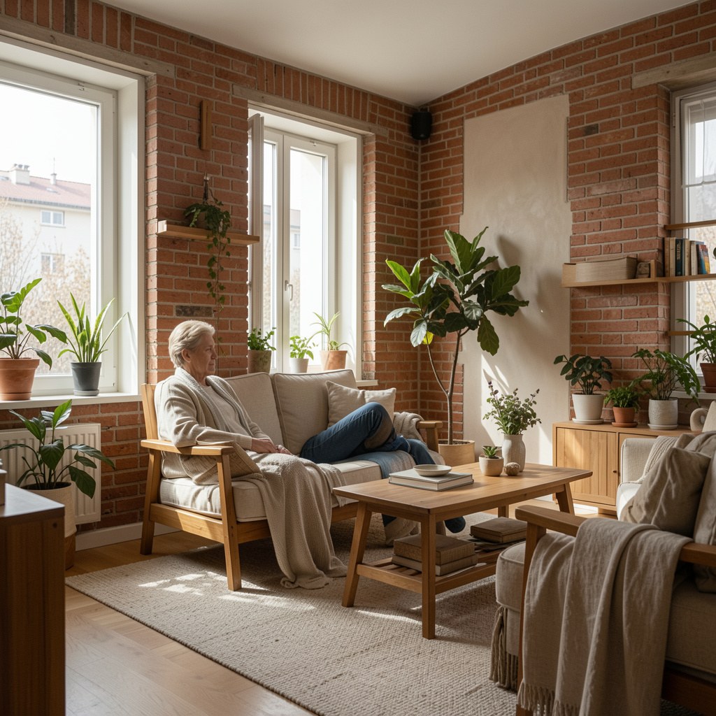 Interior de apartament luminos cu perete din cărămidă, fotoliu din lemn și lumină de dimineață