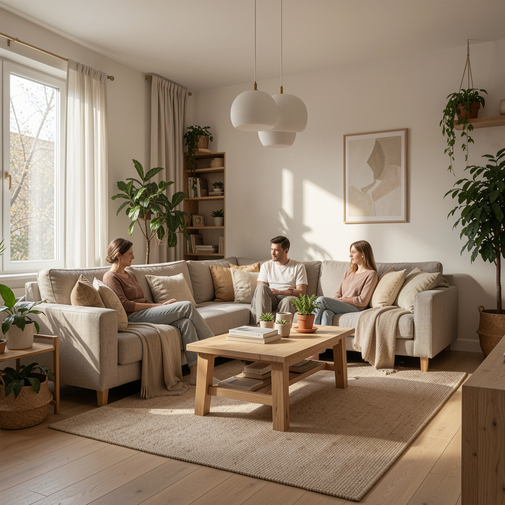 Interior de apartament luminos cu canapea din in, lemn deschis și lumină de dimineață