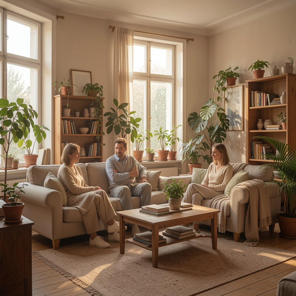 Sufragerie luminoasă cu canapea din in, fereastră înaltă și lumină caldă de dimineață