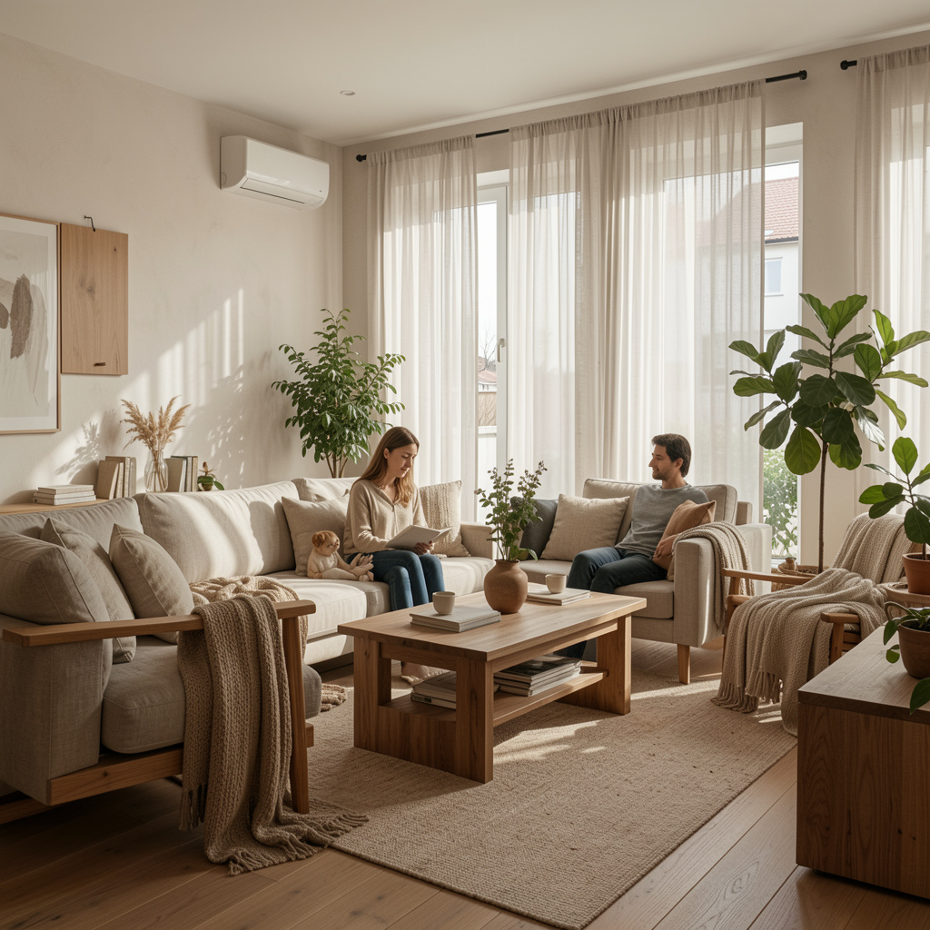 Interior de apartament scăldat în lumină naturală, cu perdele subțiri și umbră moale pe perete