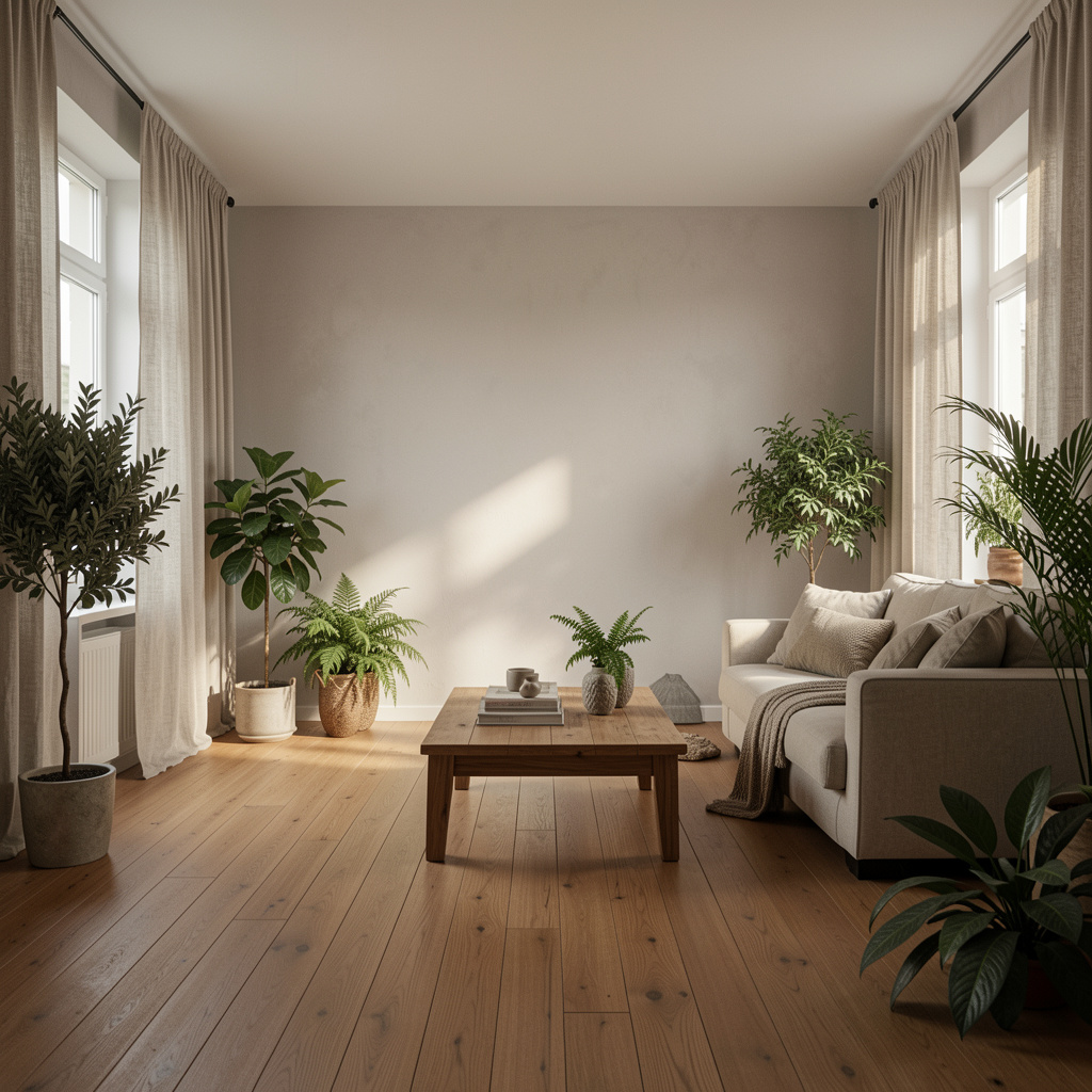 Living liniștit cu lumină naturală pe perete din ipsos, pardoseală din lemn masiv și draperie din in