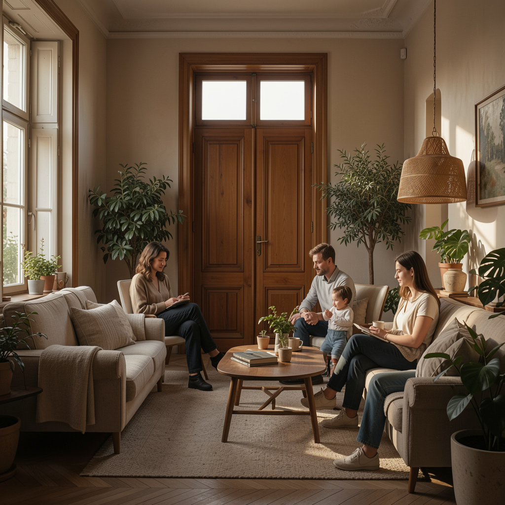 Sufragerie luminoasă cu proporții echilibrate, ușă înaltă din lemn și lumină caldă de dimineață