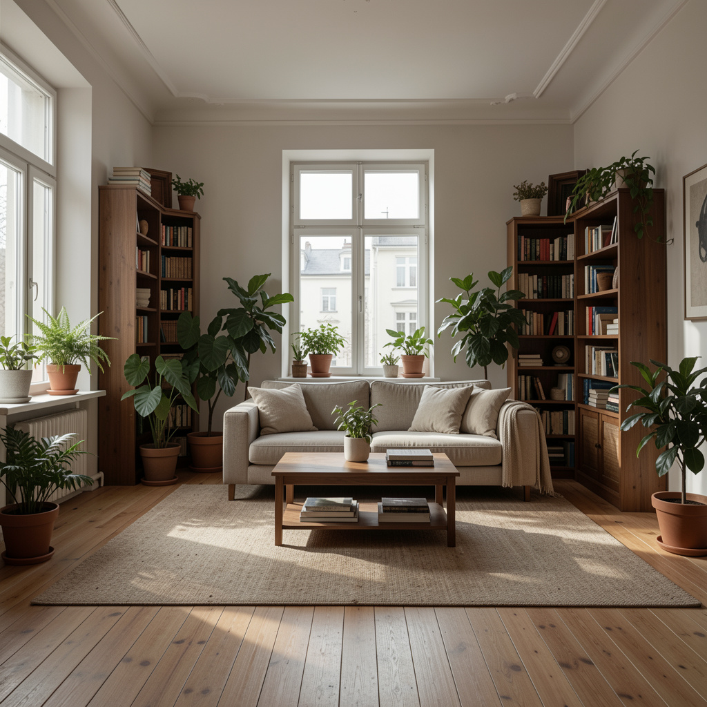 Interior calm de locuință scăldat în lumină naturală direcțională, cu texturi de lemn, piatră și in
