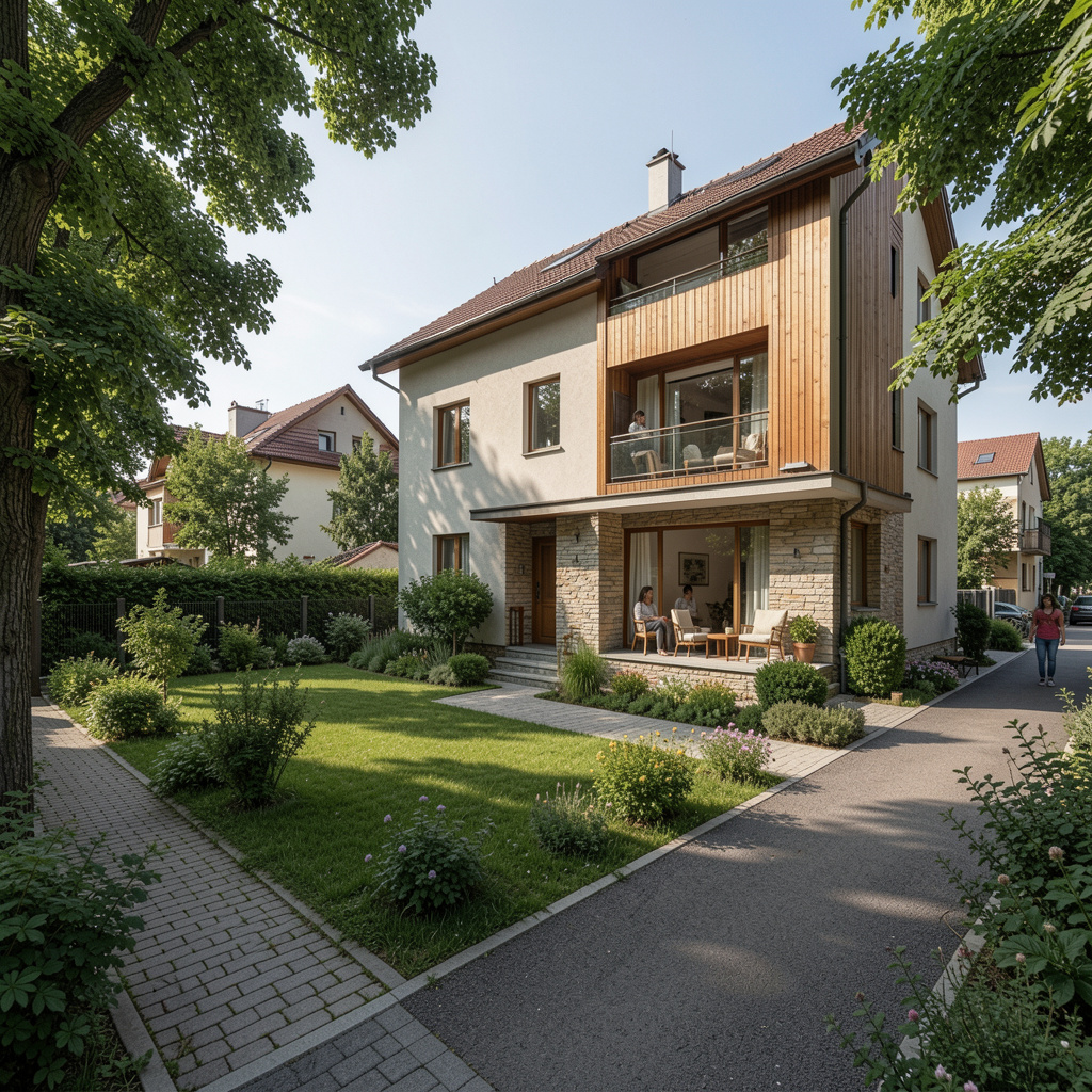 Fațadă calmă de casă cu curte verde și stradă liniștită de cartier rezidențial