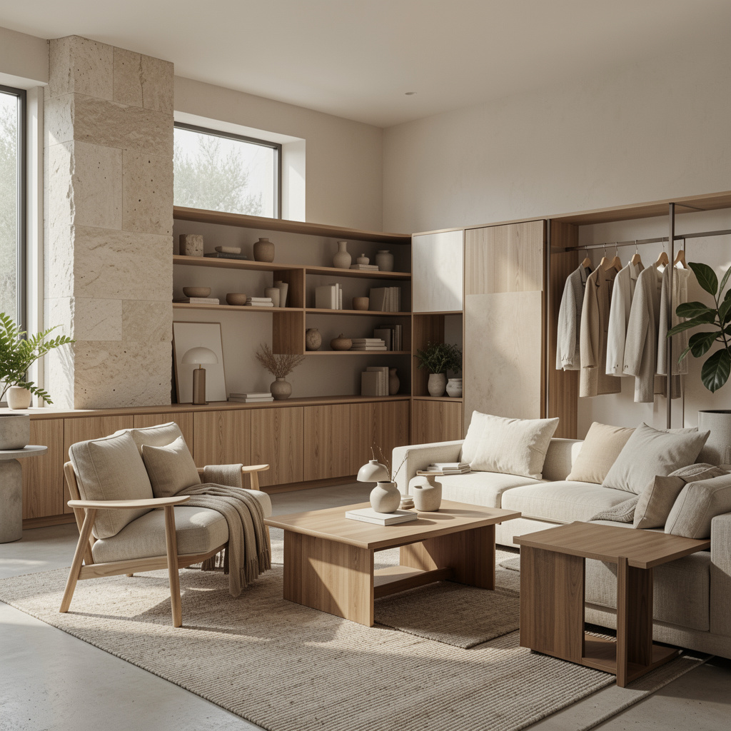 Interior calm scăldat în lumină naturală, cu lemn deschis, piatră mată și in textil