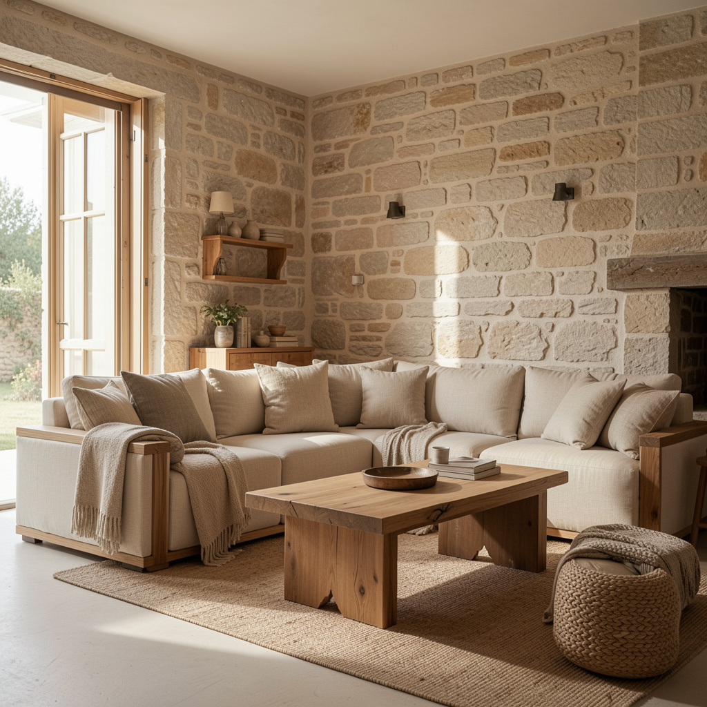 Living calm, luminat natural, cu canapea din in, masă din stejar masiv și perete din piatră deschisă