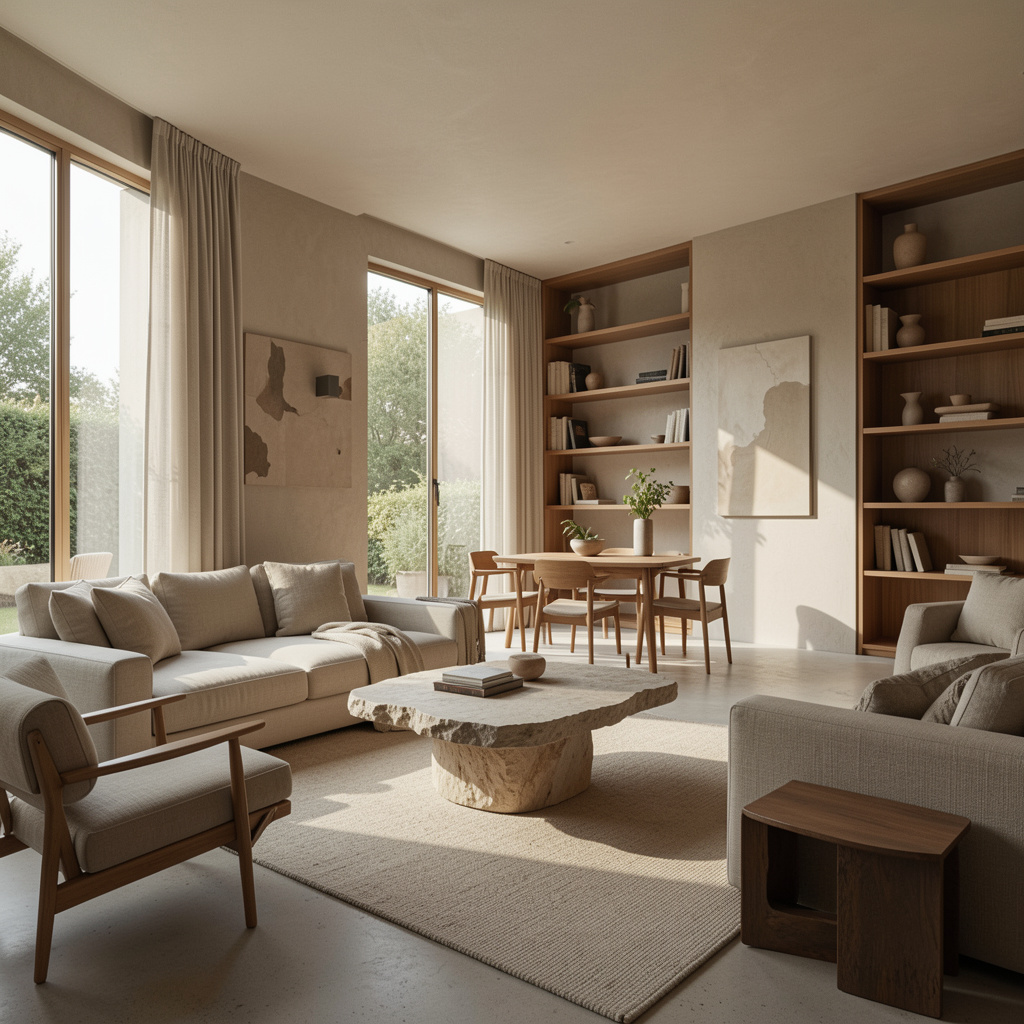 Interior calm scăldat în lumină naturală, cu lemn deschis, piatră mată și in textil