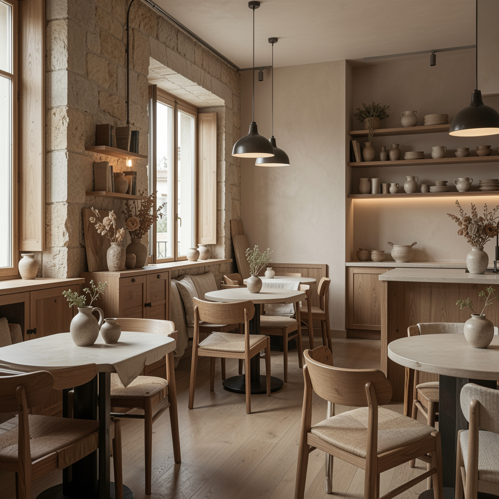 Interior de living scăldat în lumină naturală, canapea din in, masă din stejar și perete din var