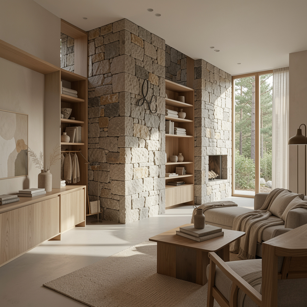 Interior calm cu lumină naturală blândă, lemn de stejar și țesătură din in
