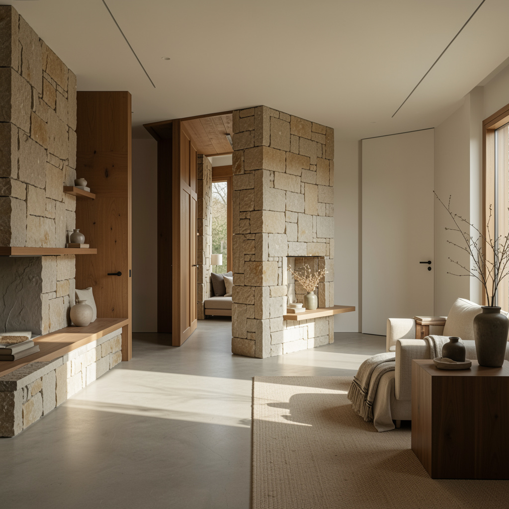 Interior de living scăldat în lumină naturală, canapea din in, masă din stejar și perete din var
