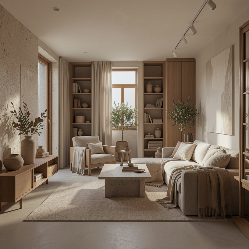 Interior de living scăldat în lumină naturală, canapea din in, masă din stejar și perete din var