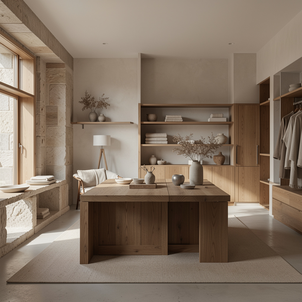Interior calm scăldat în lumină naturală, cu lemn deschis, piatră mată și in textil