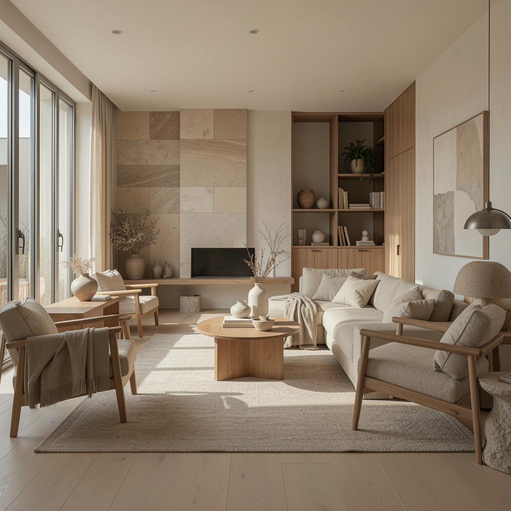 Interior calm cu lumină naturală blândă, lemn de stejar și țesătură din in