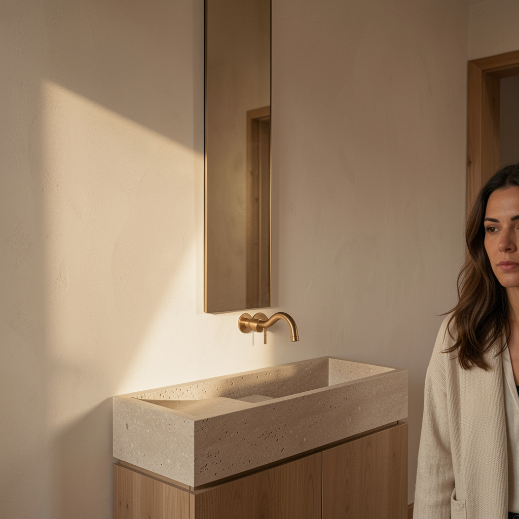 Perete cu tencuială cu model discret, aplică verticală din alamă și lavoar din piatră, lumină caldă laterală