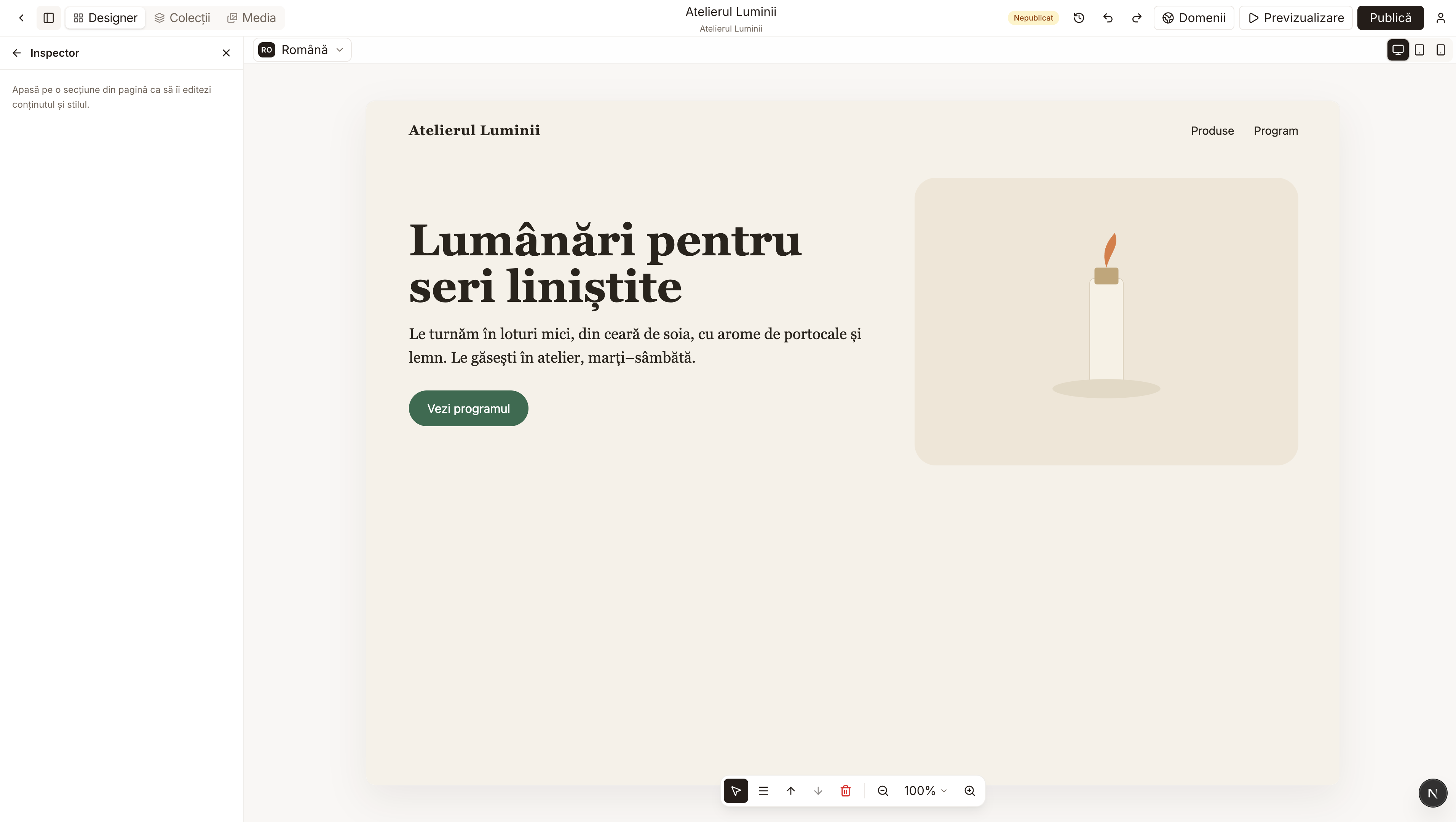 Pagina după Anulează: cuvântul soia nu mai e îngroșat, iar sus scrie Nepublicat