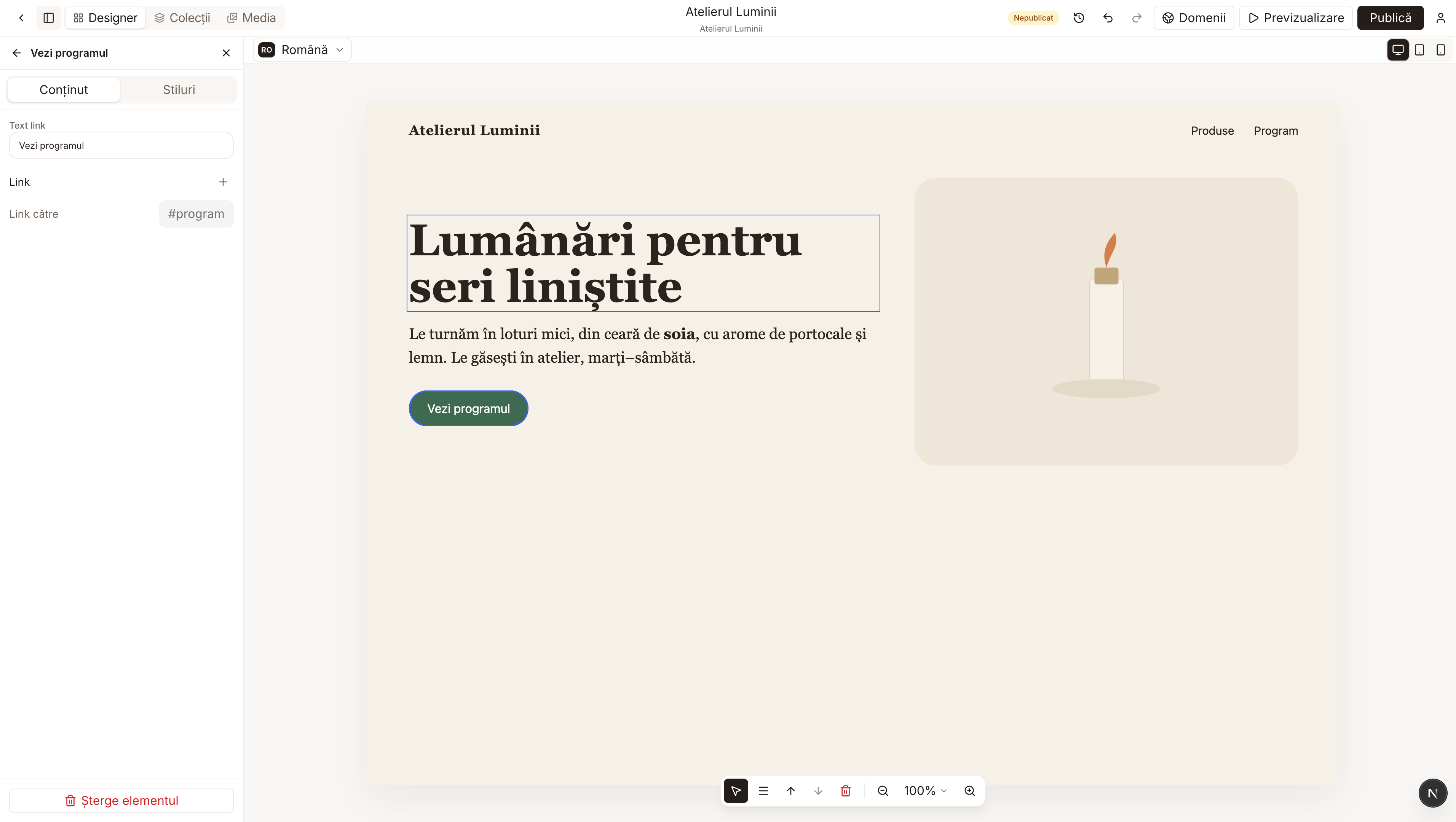 Butonul Vezi programul selectat, cu textul și destinația în stânga