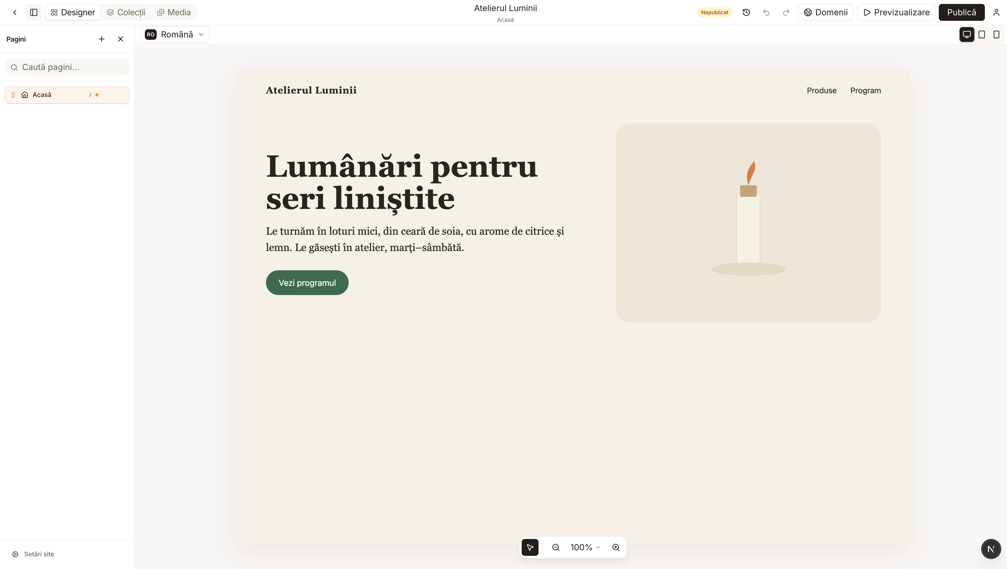 Pagina unui site de lumânări, deschisă în editor