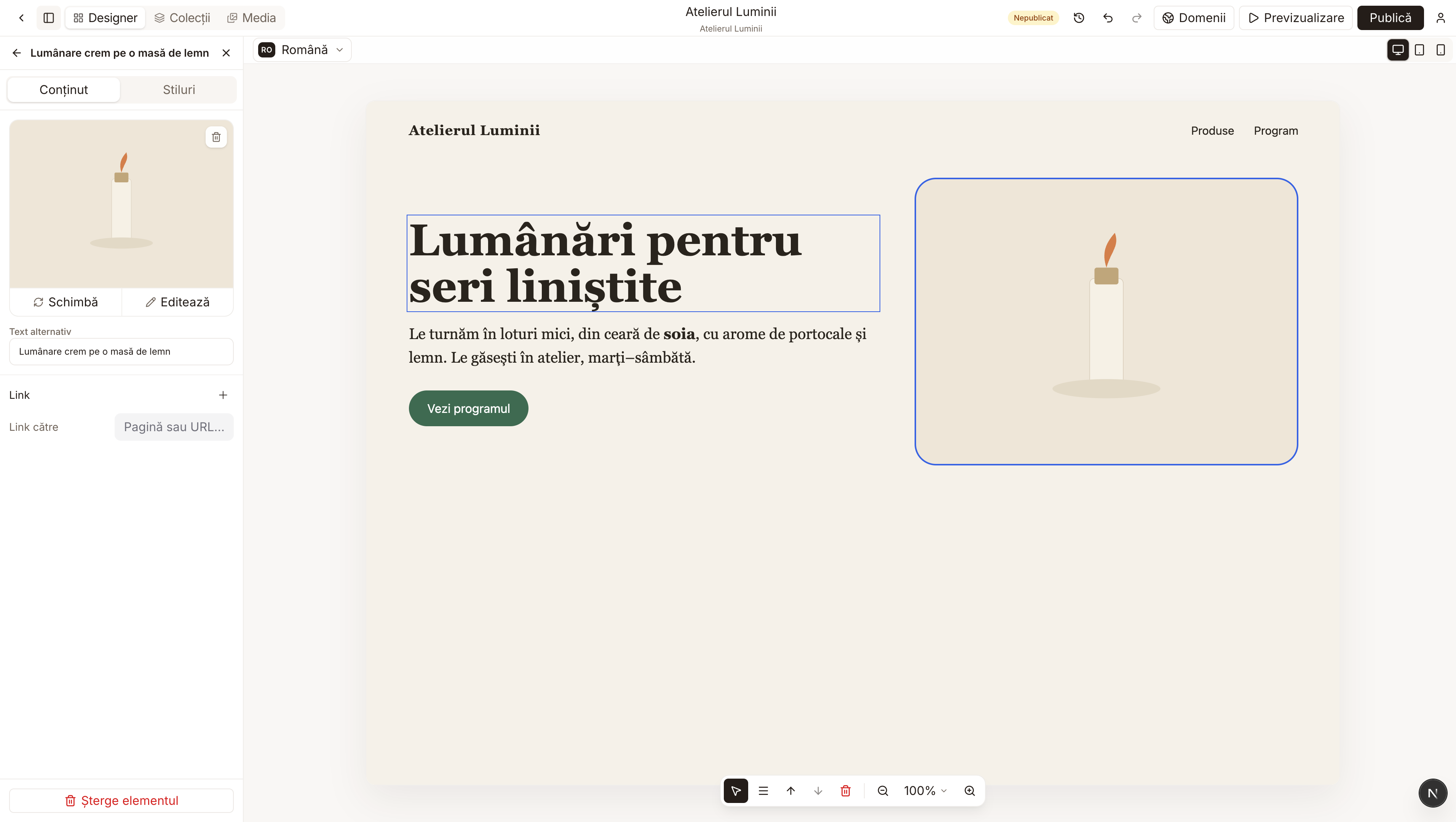 O poză cu o lumânare, selectată, cu butoanele Schimbă și Editează