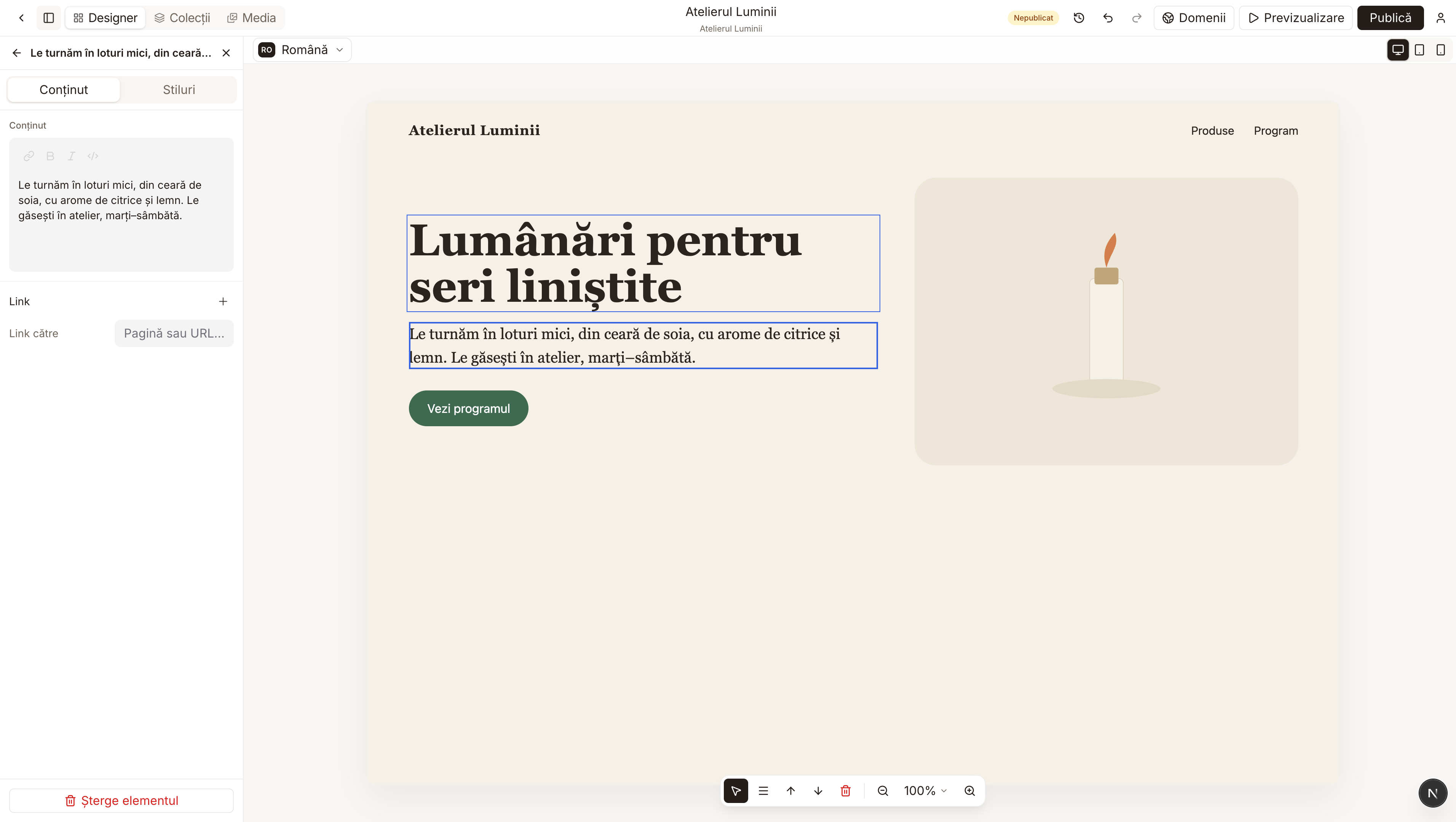 Un paragraf selectat, cu textul lui în caseta din stânga